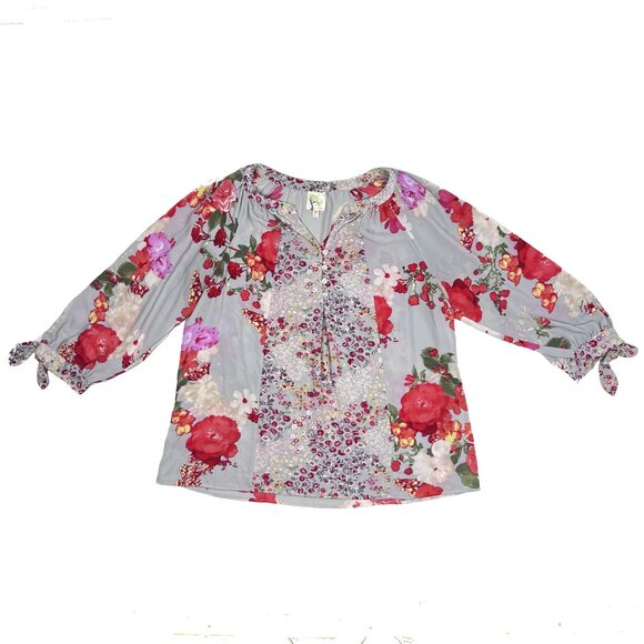 Fig and Flower Floral Boho V-Neck Crepe Tunic Mother of Pearl Buttons Sz XL NWOT - Picture 4 of 10